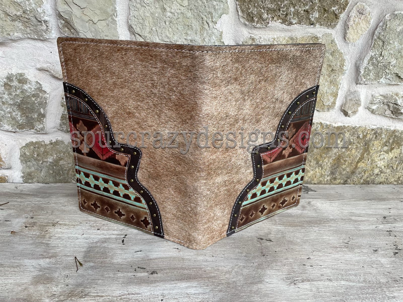 Leather Covered Portfolio - Brindle Cowhide and Red/Turquoise Southwes ...