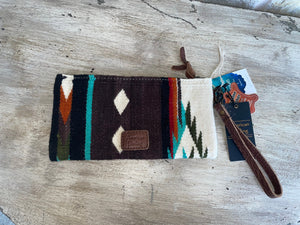 back of brown, turquoise and rust wristlet