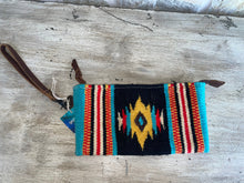 Load image into Gallery viewer, front of blue, red, and turquoise wristlet