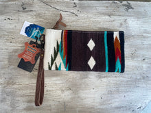 Load image into Gallery viewer, front of brown, turquoise, and rust wristlet
