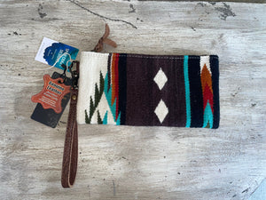 front of brown, turquoise, and rust wristlet