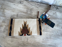 Load image into Gallery viewer, back of cream and brown wristlet/clutch