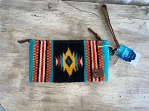 back of blue, red and turquoise wristlet