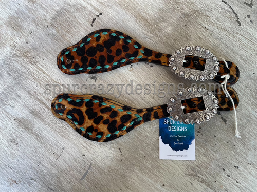 Leopard Print Cowhide with Turquoise Buck Stitch Spur Straps