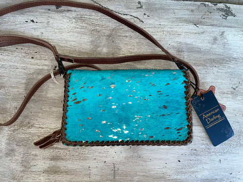 American Darling Acid Washed Cowhide Crossbody wallet turquoise