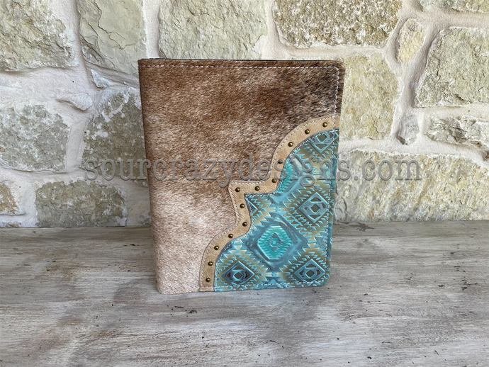 Leather Covered Portfolio - Brindle Cowhide and Aztec Cyan Embossed Leather