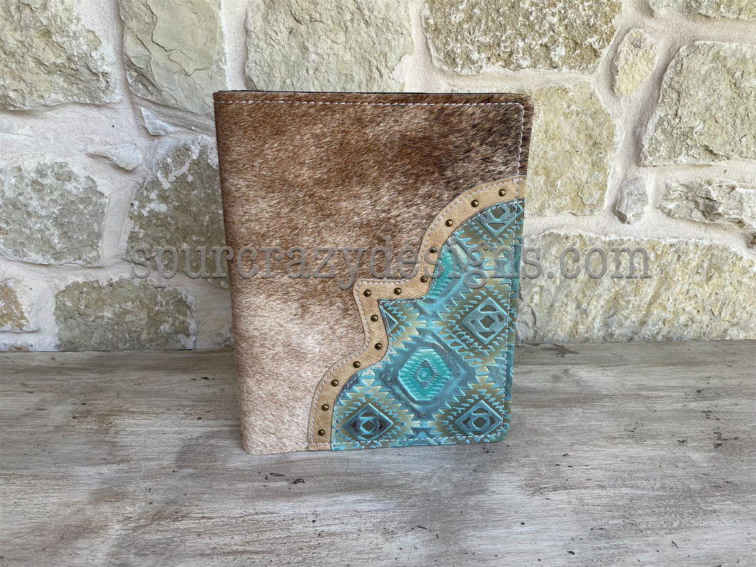 Leather Covered Portfolio - Brindle Cowhide and Aztec Cyan Embossed Leather
