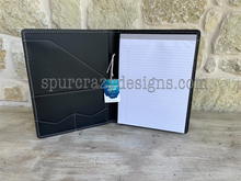 Load image into Gallery viewer, Leather Covered Portfolio - Brindle Cowhide and Aztec Cyan Embossed Leather