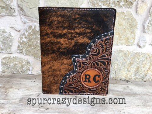 3 Ring Zippered Portfolio, Leather and Cowhide covered with Personalized Monogram or Brand