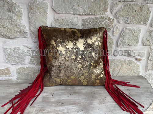 gold metallic acid washed cowhide pillow with red leather fringe
