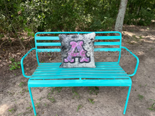 Load image into Gallery viewer, Cowhide and Leather Pillow with Purple/Violet Aztec Monogram