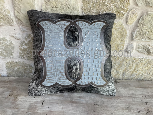 Gray and Silver Faux Croc Monogram Cowhide and Leather Pillow