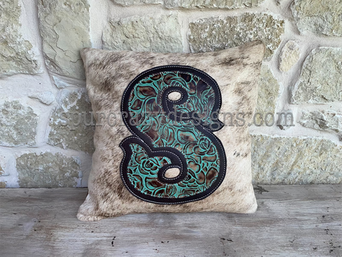 Brown and Turquoise Roses Monogram Cowhide and Leather Pillow
