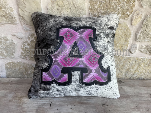Cowhide and Leather Pillow with Purple/Violet Aztec Monogram