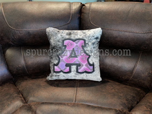 Load image into Gallery viewer, Cowhide and Leather Pillow with Purple/Violet Aztec Monogram